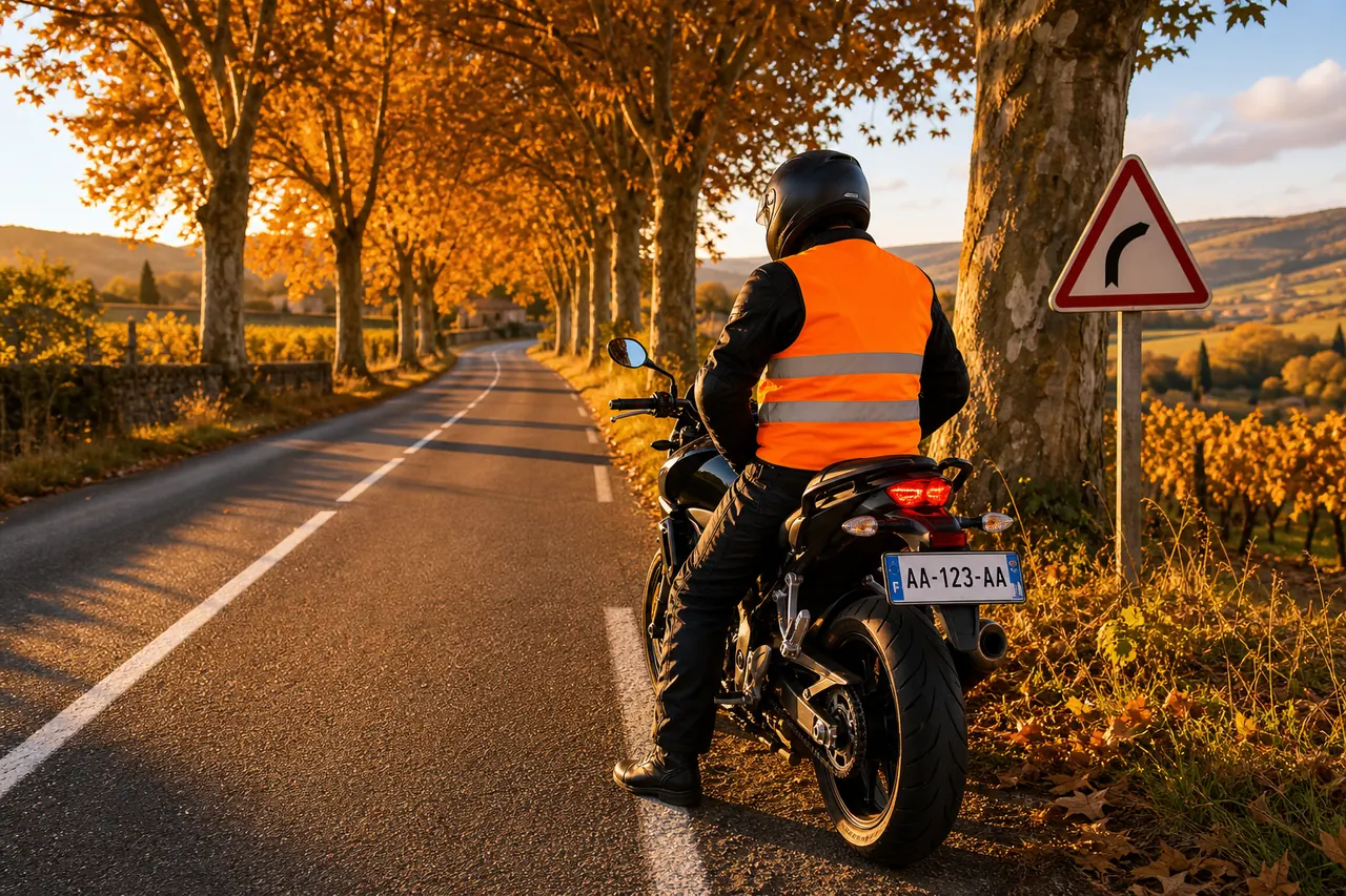 Un motard en équipement complet, casque, gants et gilet réfléchissant, à l’arrêt au bord d’une route départementale française dans la lumière dorée de fin de journée.