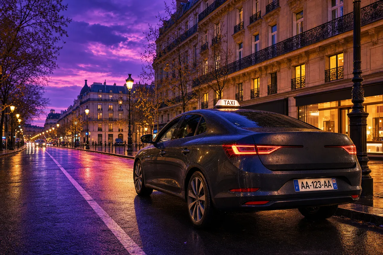 Une berline sombre équipée d’un lumineux de taxi, à l’arrêt le long d’un boulevard haussmannien à l’heure bleue, l’asphalte mouillé renvoyant les lumières de la rue.