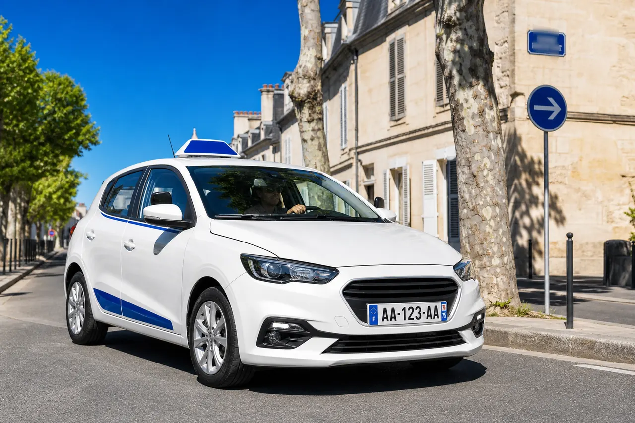 Une voiture blanche à bandes bleues portant un panonceau de toit, conduite depuis le siège de gauche, photographiée de trois quarts avant dans une rue française bordée de façades en pierre claire, sous un ciel bleu vif.