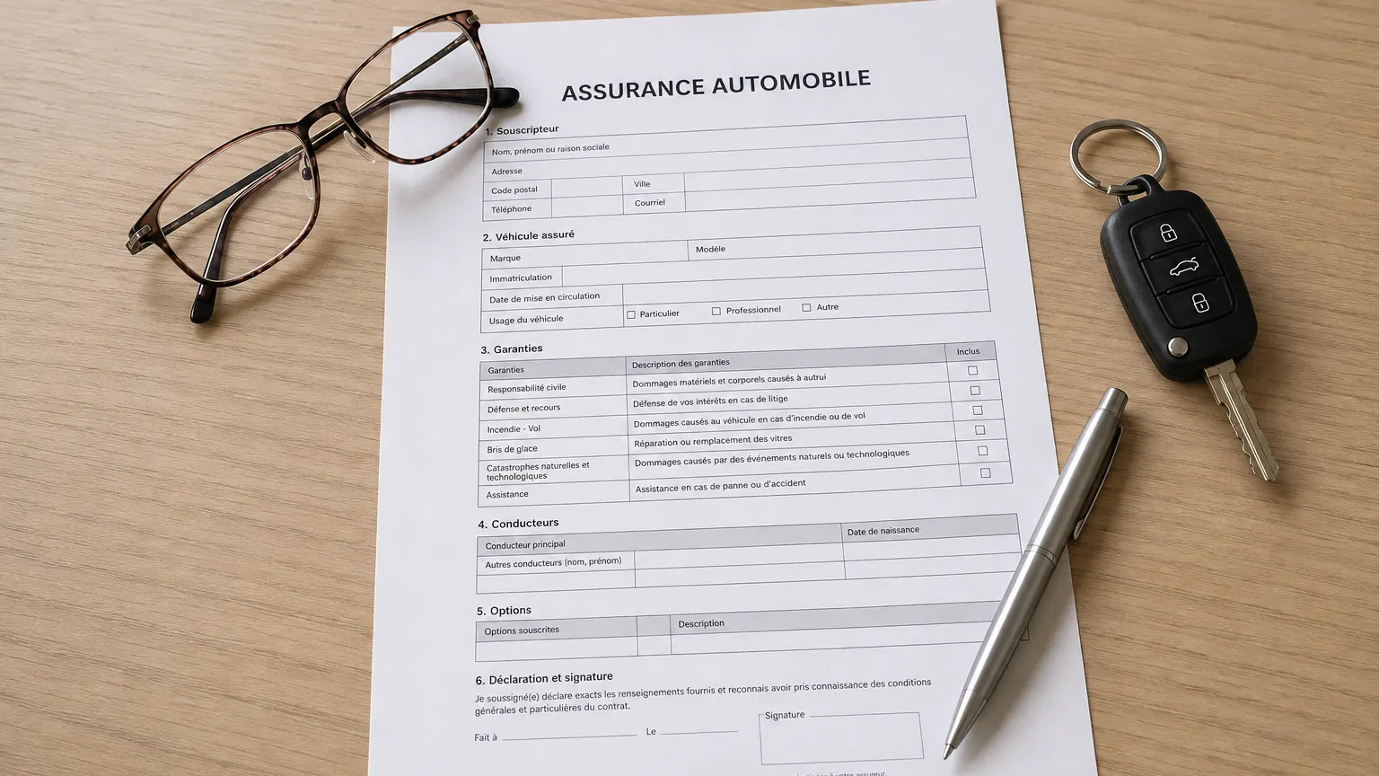 Un contrat d’assurance automobile est posé sur un bureau en bois clair, avec une paire de lunettes, un stylo et une clé de voiture à télécommande.