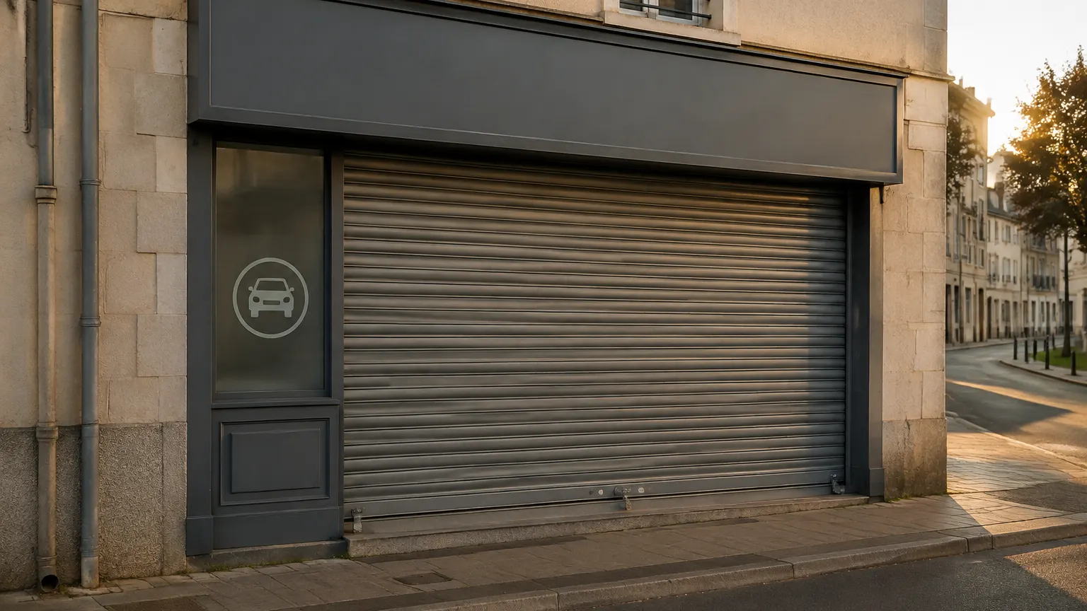 Le rideau métallique d’une petite auto-école est baissé sous une enseigne sans texte, dans une rue française éclairée par le soleil de fin de journée.