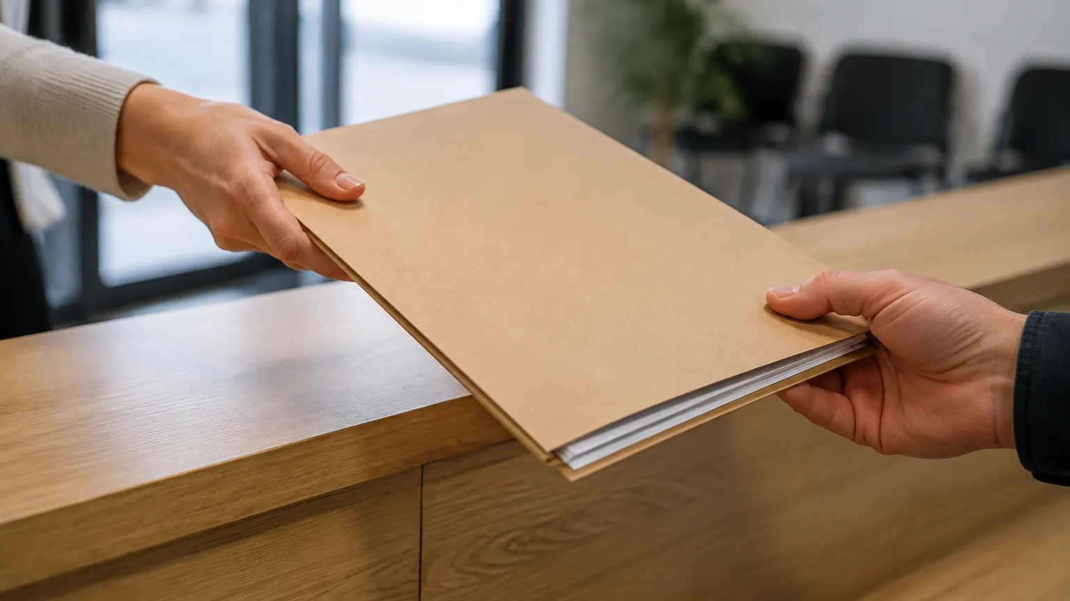 Deux mains se transmettent une chemise cartonnée contenant des documents au-dessus d’un comptoir d’accueil en bois clair.