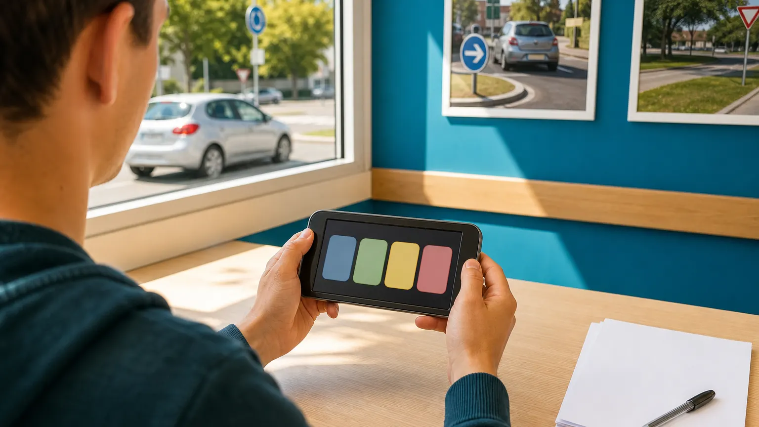 Vue par-dessus l’épaule d’un candidat assis à un poste d’examen, une tablette de réponse à la main, dans une salle claire aux murs bleu-vert.
