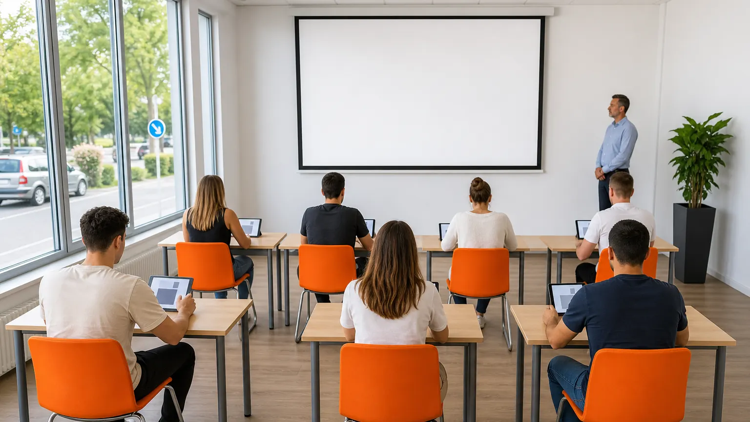 Une salle d’examen du code de la route vue en largeur, deux rangées de postes individuels équipés de tablettes de réponse, des candidats de dos et un écran de projection au fond.