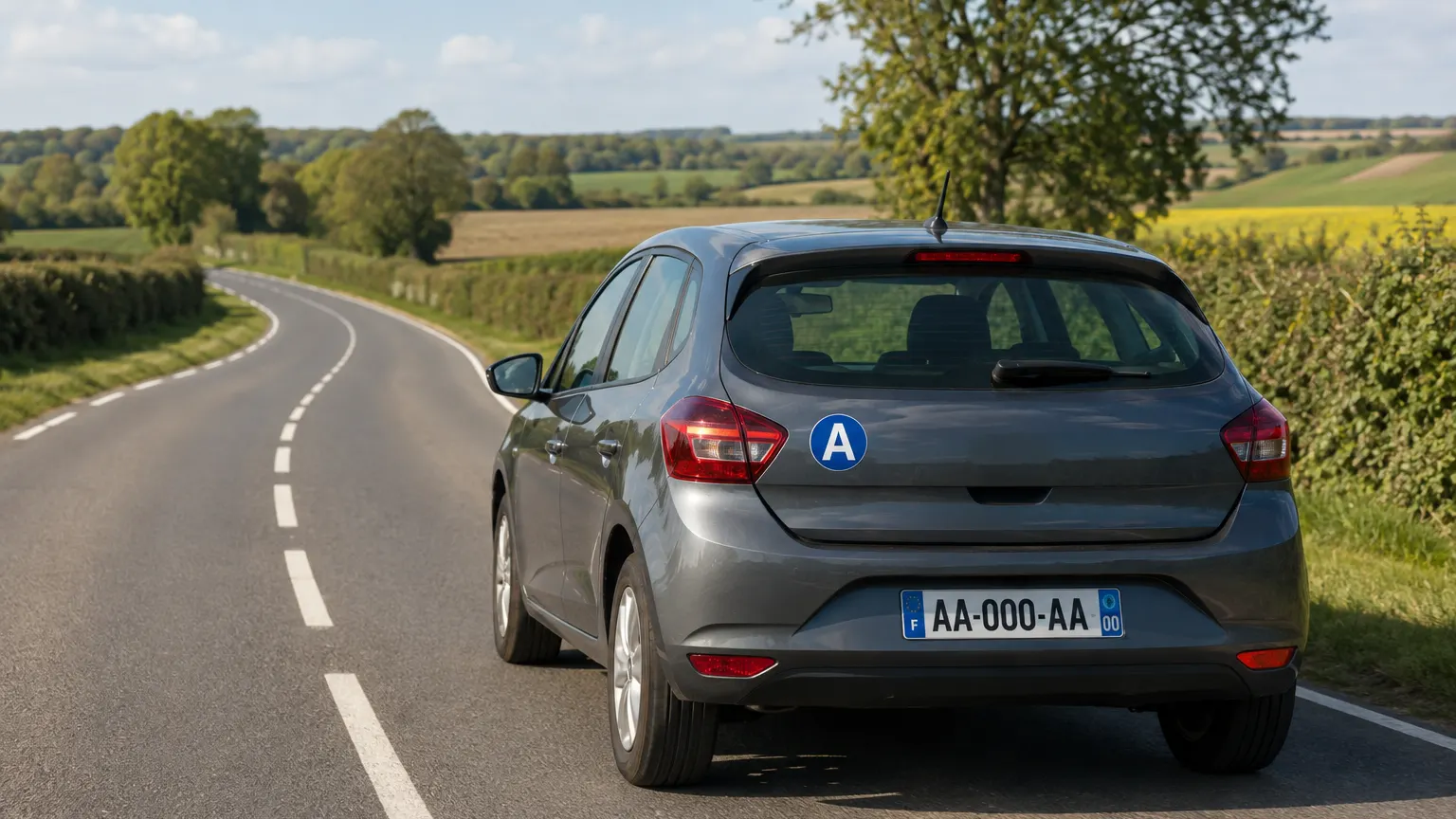 Une voiture familiale grise vue de trois quarts arrière circule sur une route de campagne, avec un disque bleu portant un A blanc collé sur le hayon.