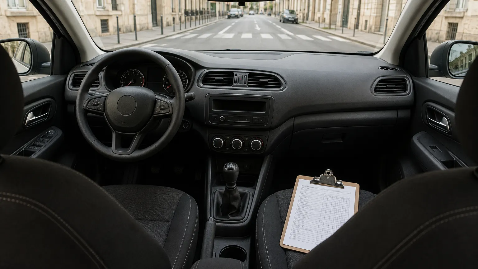 Depuis la banquette arrière d’une voiture d’auto-école vide, le tableau de bord et une rue urbaine sont visibles, avec une planchette à pince et sa grille d’évaluation posées sur le siège passager.