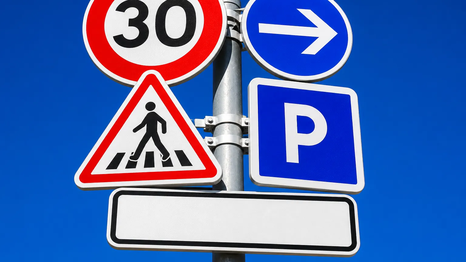 Une grappe de panneaux routiers français sur un même mât, vue en contre-plongée sur ciel bleu, avec une limitation de vitesse, un panneau d’obligation, un panneau de danger, un panneau de stationnement et un panneau de localité.