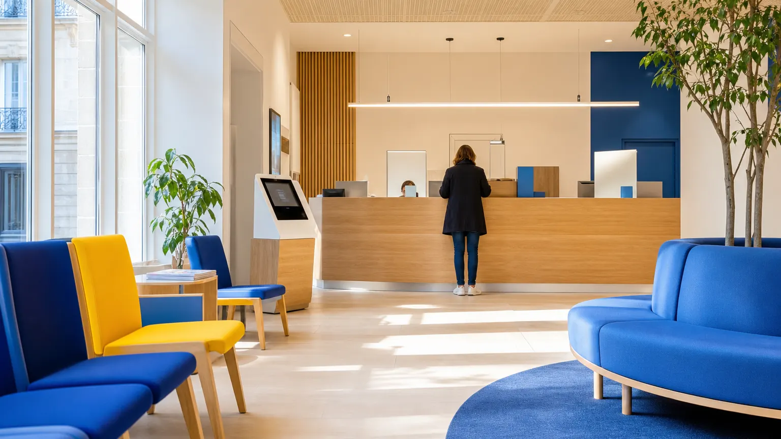 L’intérieur clair d’un hall de guichets de service public à la française, comptoirs en bois pâle, borne libre-service et sièges jaunes et bleus.