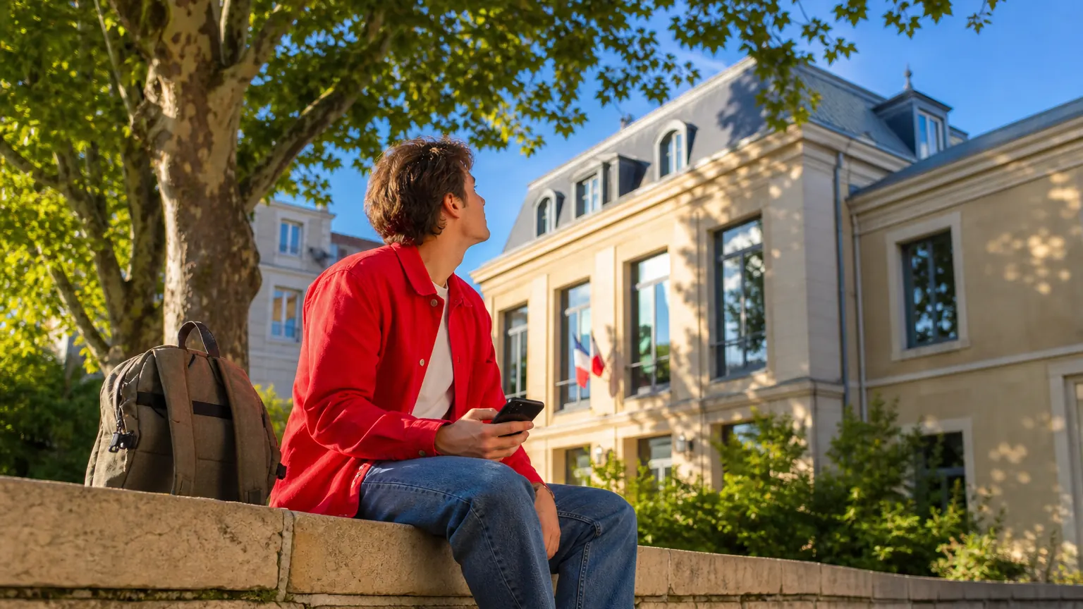 Une jeune personne assise sur un muret de pierre devant un bâtiment public français, téléphone à la main, le regard porté devant elle, dans la lumière chaude de fin d’après-midi.