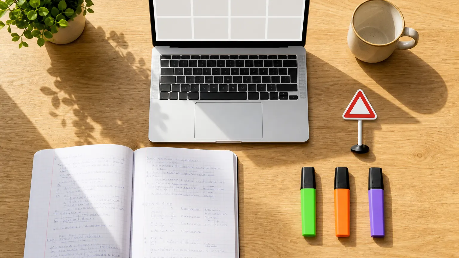 Vue de dessus d’un bureau de révision, un ordinateur portable ouvert, un cahier, des surligneurs verts, orange et violets, une tasse et un petit panneau de danger en modèle réduit.
