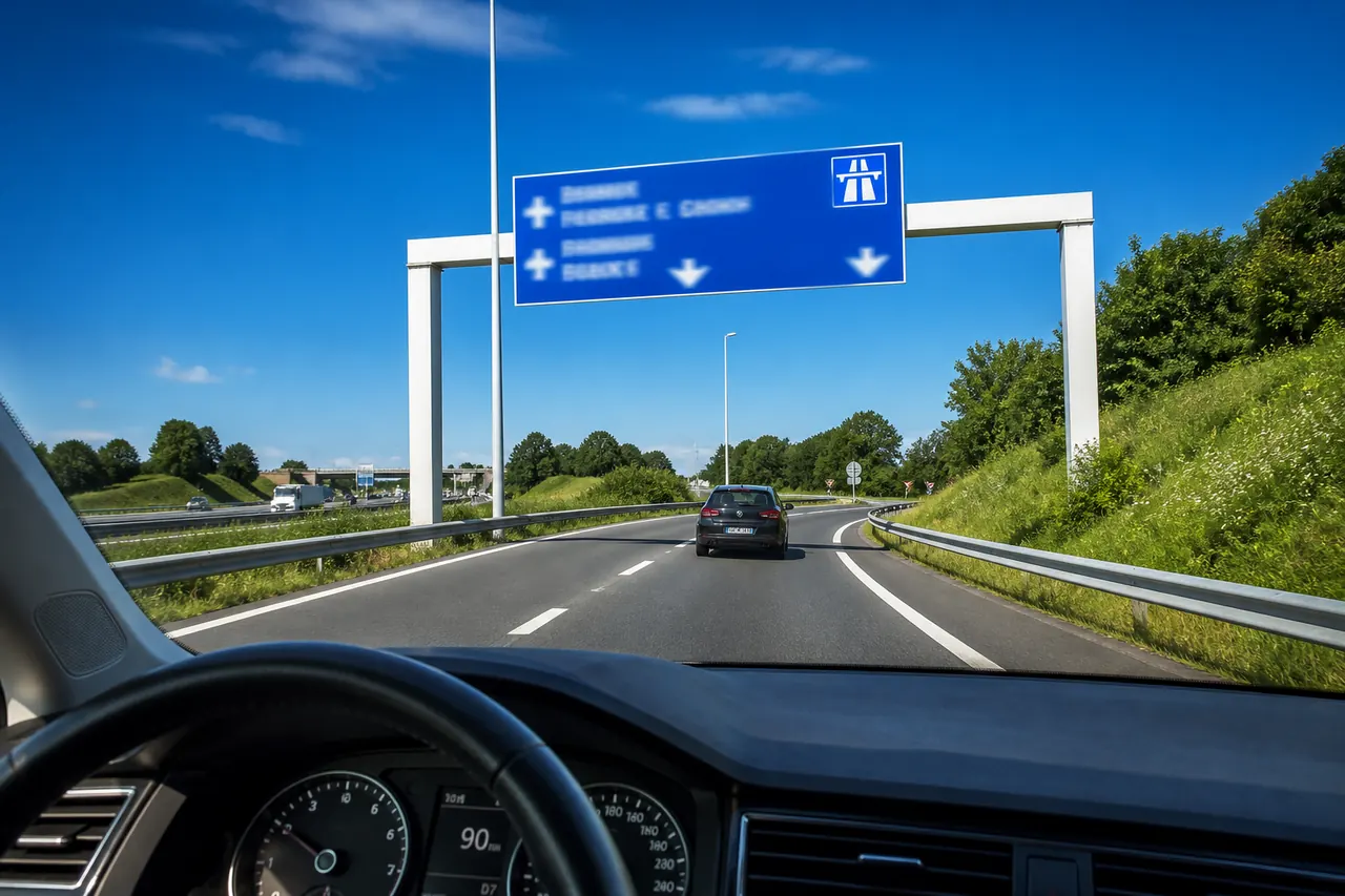 Vue du conducteur à travers le pare-brise sur une autoroute française, volant à gauche, un portique enjambant la chaussée avec un grand panneau de direction rectangulaire bleu, une voie de sortie qui part sur la droite, des glissières de sécurité et des talus verts.