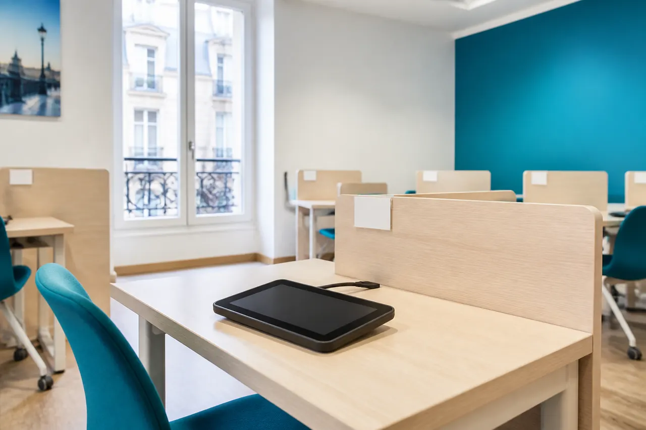 Un poste d’examen isolé dans un centre agréé, une tablette de réponse posée sur un plateau de bois clair, une chaise écartée et une rangée de postes identiques en arrière-plan flou.