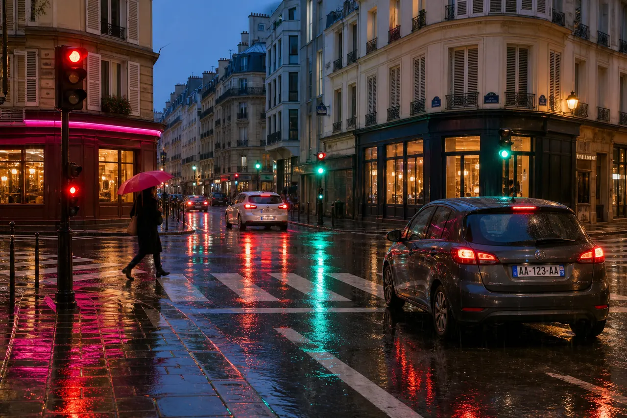 Un carrefour urbain français sous une forte pluie au crépuscule, l’asphalte mouillé renvoyant les feux arrière des voitures et les vitrines, un piéton traversant sur les bandes blanches avec un parapluie coloré.