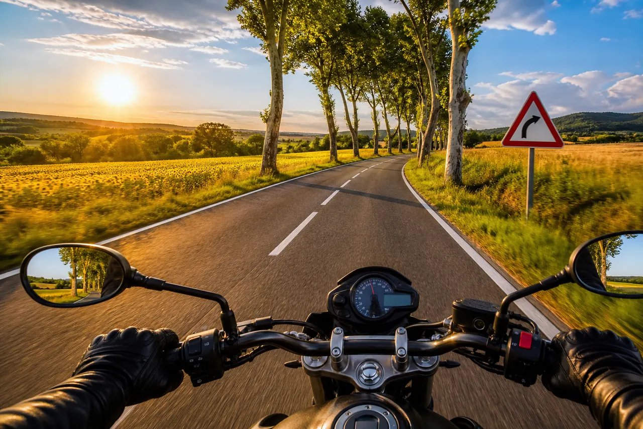 Vue du pilote depuis la selle d’une moto sur une route départementale française, guidon et rétroviseurs au premier plan, la route qui se déroule entre des champs ensoleillés.