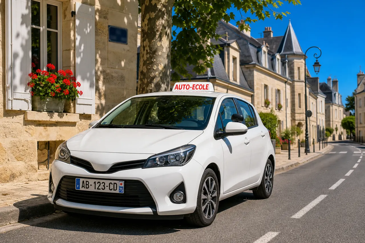 Une voiture blanche d’auto-école garée dans une rue ensoleillée d’une ville française, panonceau rouge et blanc sur le toit et plaque d’immatriculation française à l’avant.